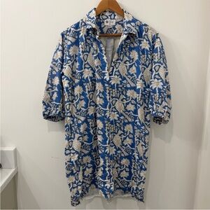 NEW Holly Shae Blue & Cream Avian Floral Print Shirt Dress OS